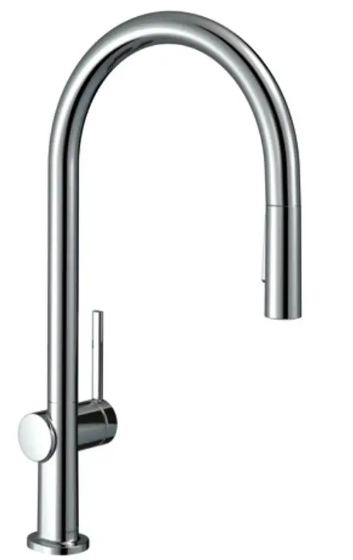 Chromfarbener Spültischmischer von Hansgrohe mit hohem, geschwungenem Auslauf und einer Ausziehbrause, die zwei Strahlarten bietet. Lever für die Temperatur- und Mengenregulierung seitlich.
